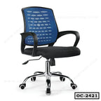 Modern ergonomic office chair with blue mesh back, black seat, armrests, and chrome base on wheels