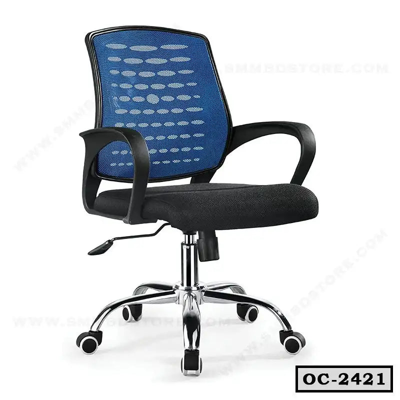 Modern ergonomic office chair with blue mesh back, black seat, armrests, and chrome base on wheels