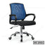 Modern ergonomic office chair with blue mesh back, black seat, armrests, and chrome base on wheels