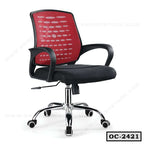 Ergonomic office chair with red mesh backrest, black seat, armrests, and chrome base on wheels