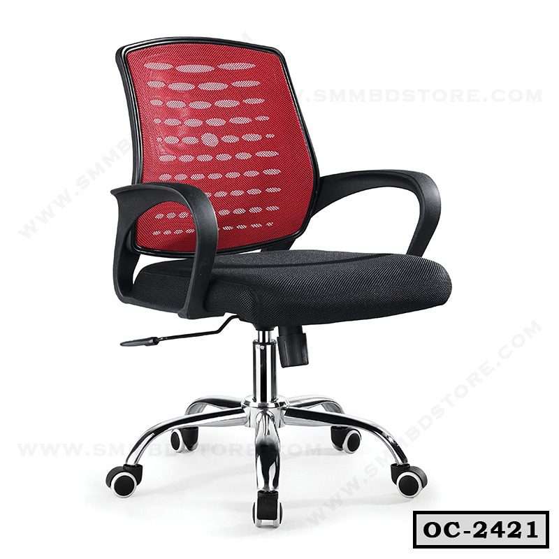 Ergonomic office chair with red mesh backrest, black seat, armrests, and chrome base on wheels