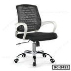 Ergonomic black mesh office chair with white armrests and rolling chrome base