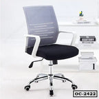 Modern ergonomic office chair with mesh backrest and black cushioned seat on casters