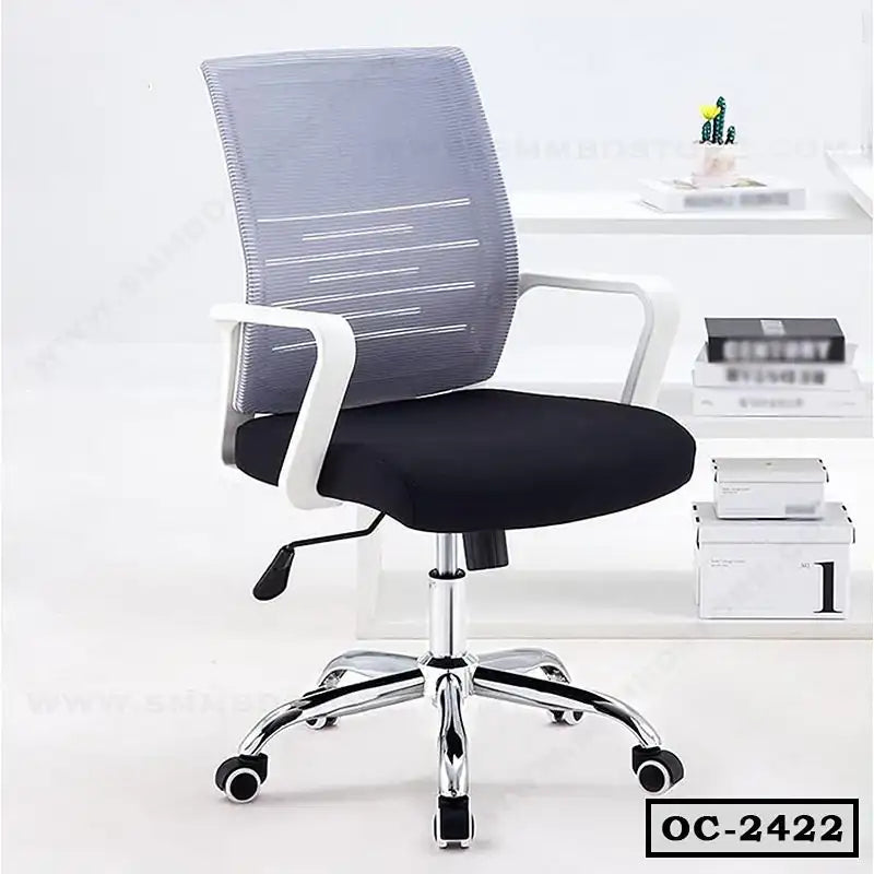 Modern ergonomic office chair with mesh backrest and black cushioned seat on casters