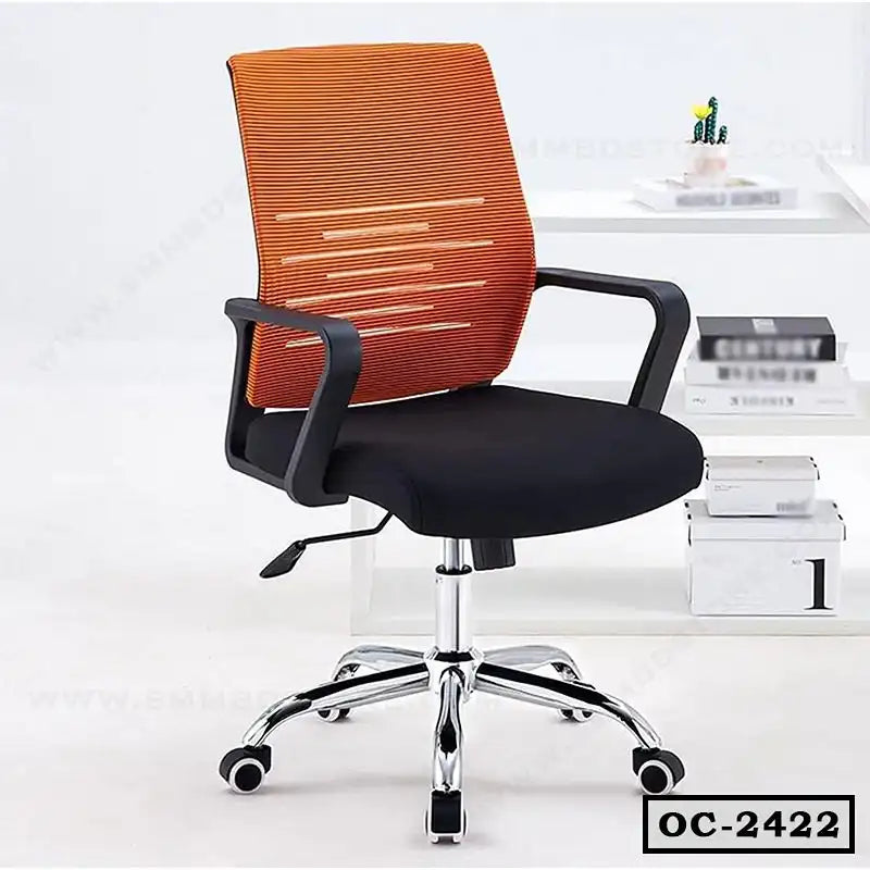 Modern ergonomic office chair with orange mesh back, black seat, and adjustable armrests
