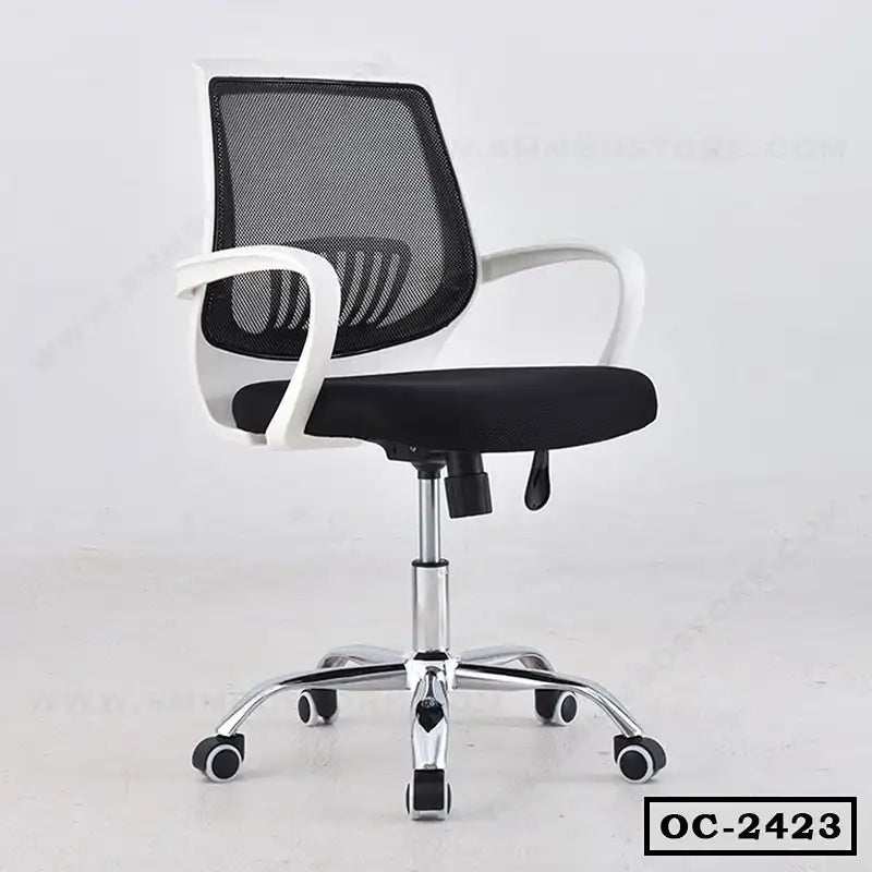 Ergonomic office chair with mesh back, white armrests, adjustable seat, and caster wheels Main image