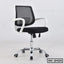 Ergonomic office chair with mesh back, white armrests, adjustable seat, and caster wheels