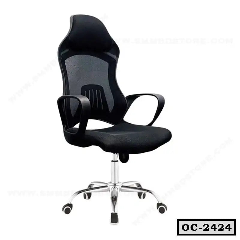 Ergonomic black mesh office chair with armrests and chrome base on wheels
