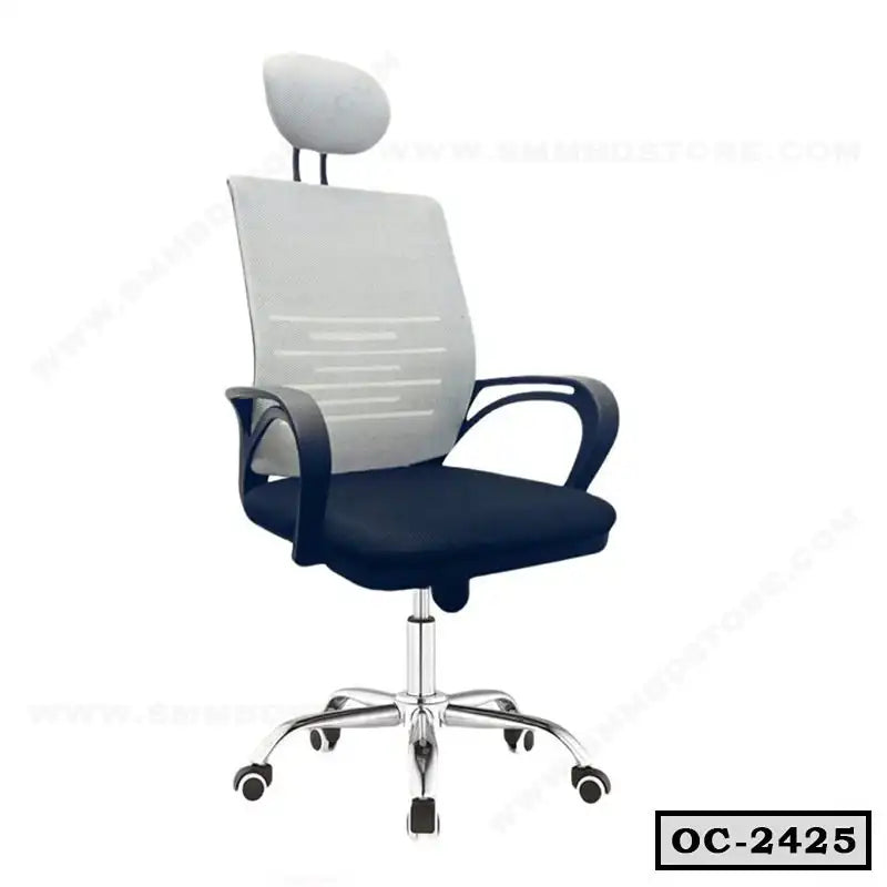 Ergonomic office chair with mesh backrest, headrest, black seat, and adjustable wheels