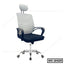 Ergonomic office chair with mesh backrest, headrest, black seat, and adjustable wheels