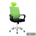 Modern green office chair with headrest, black seat, and chrome base on wheels