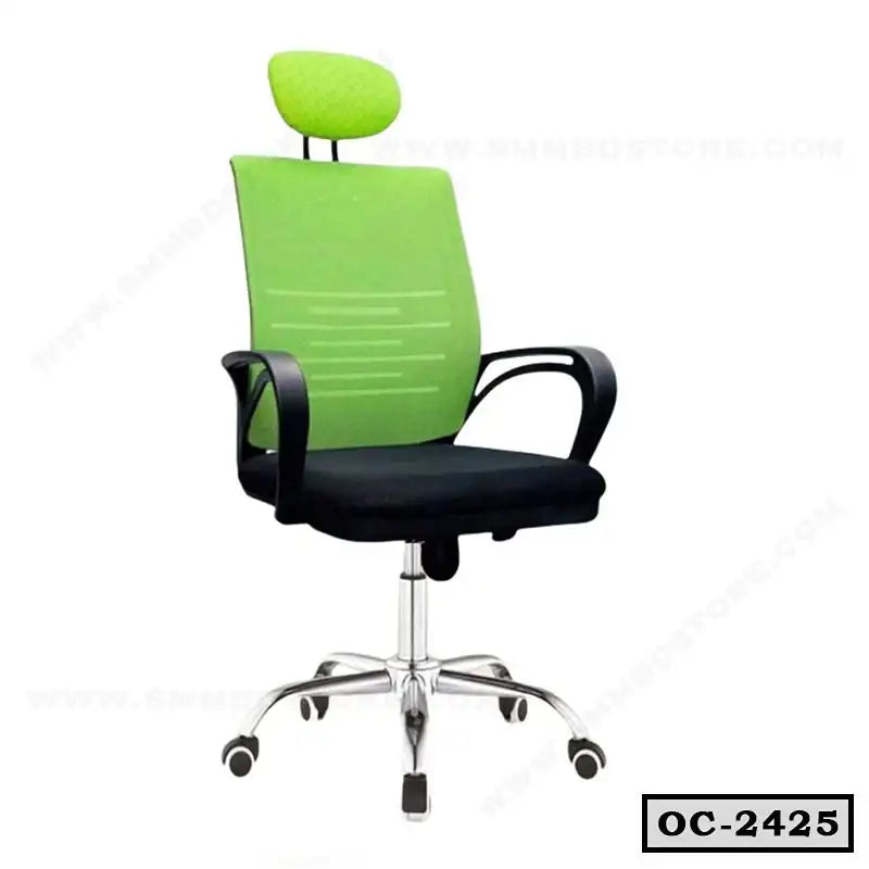 Modern green office chair with headrest, black seat, and chrome base on wheels
