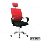 Ergonomic office chair with red backrest, black seat, headrest, and adjustable swivel base