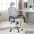 Ergonomic mesh office chair with headrest and armrests in modern workspace