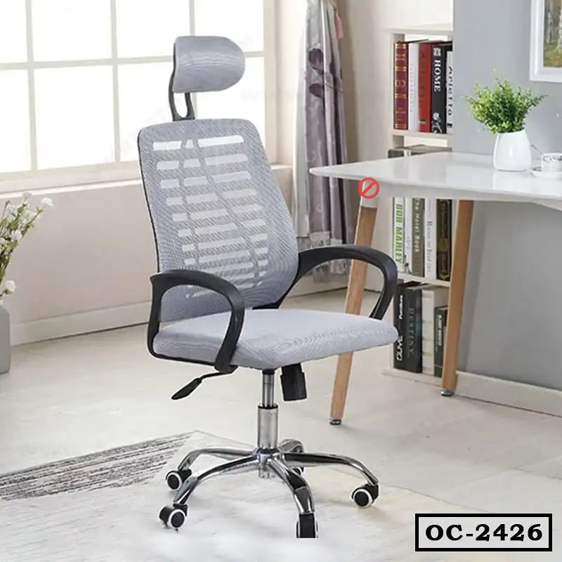 Ergonomic mesh office chair with headrest and armrests in modern workspace