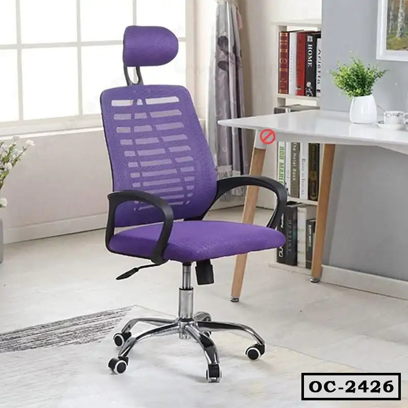 Purple ergonomic office chair with headrest and mesh back in modern workspace setting