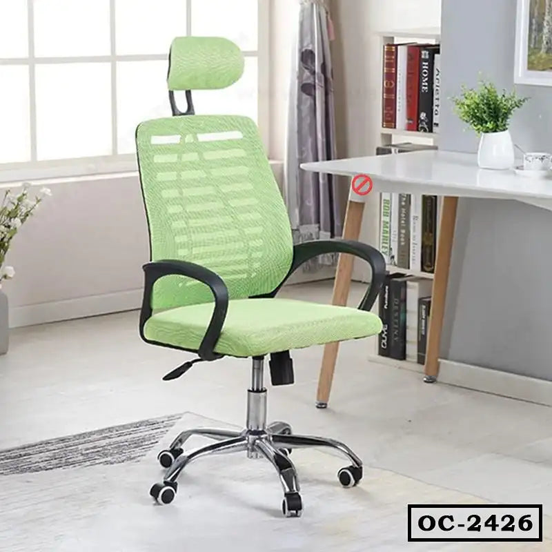 Ergonomic green mesh office chair with headrest and wheels in modern workspace