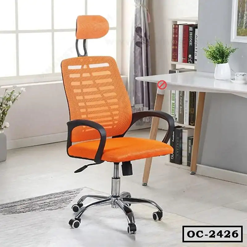 Ergonomic orange mesh office chair with headrest and wheels in a modern workspace Main image