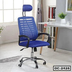 Ergonomic blue mesh office chair with headrest and wheels in modern home workspace