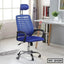 Ergonomic blue mesh office chair with headrest and wheels in modern home workspace