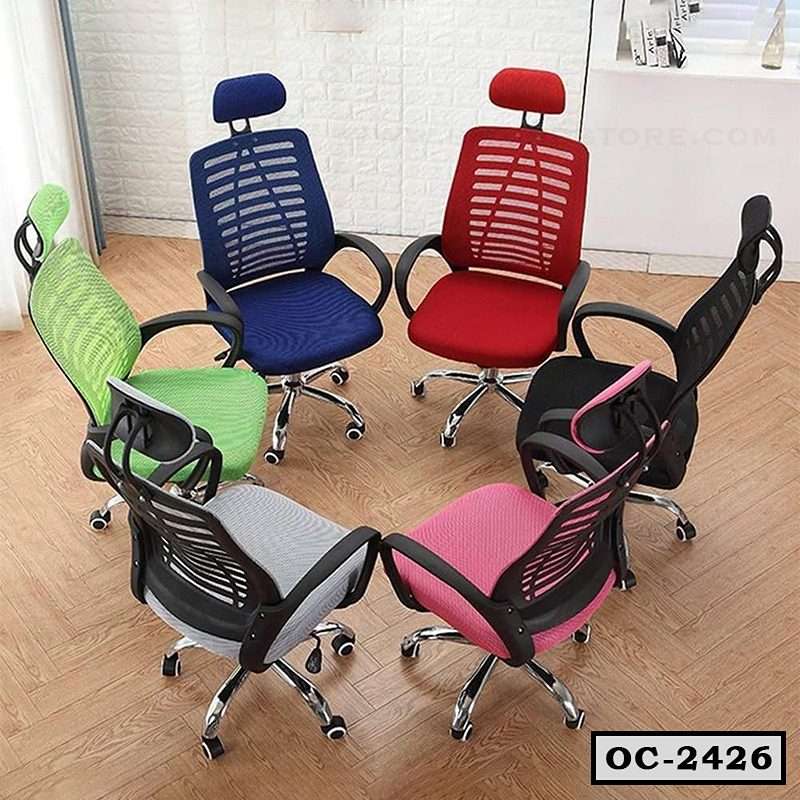 Colorful ergonomic office chairs with mesh backs and headrests in a modern room