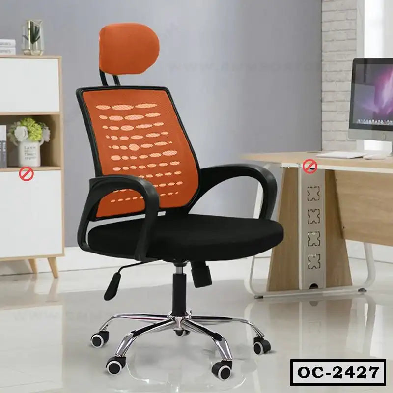 Ergonomic mesh office chair with orange backrest, black seat, headrest, and rolling wheels in modern workspace