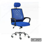 Ergonomic blue mesh office chair with headrest, armrests, and adjustable height