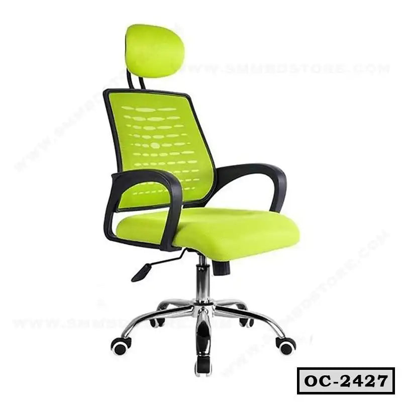 Modern ergonomic green mesh office chair with adjustable headrest and rolling wheels