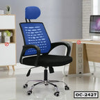 Ergonomic blue mesh office chair with headrest and armrests in modern workspace
