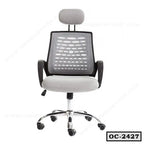 Ergonomic office chair with mesh back, adjustable headrest, padded seat, and rolling wheels