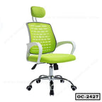 Green ergonomic mesh office chair with headrest, adjustable armrests, and rolling wheels