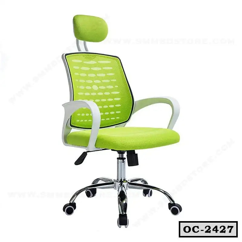 Green ergonomic mesh office chair with headrest, adjustable armrests, and rolling wheels