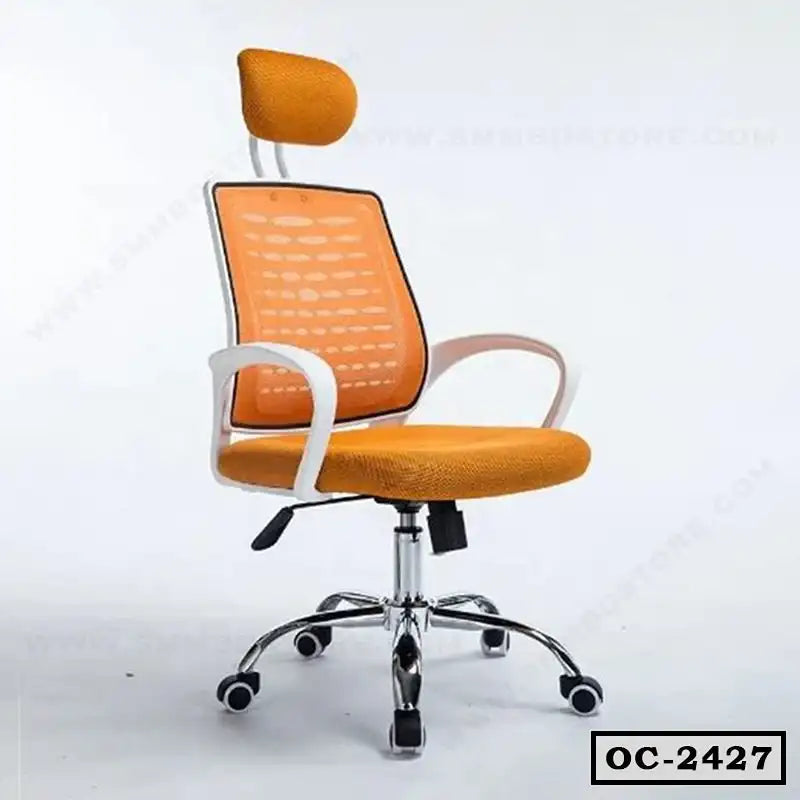 Ergonomic orange office chair with mesh back, headrest, armrests, and chrome base on wheels
