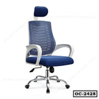 Modern blue ergonomic office chair with headrest, mesh back, and adjustable armrests