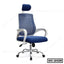 Modern blue ergonomic office chair with headrest, mesh back, and adjustable armrests