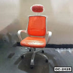 Modern ergonomic orange office chair with headrest and armrests on caster wheels