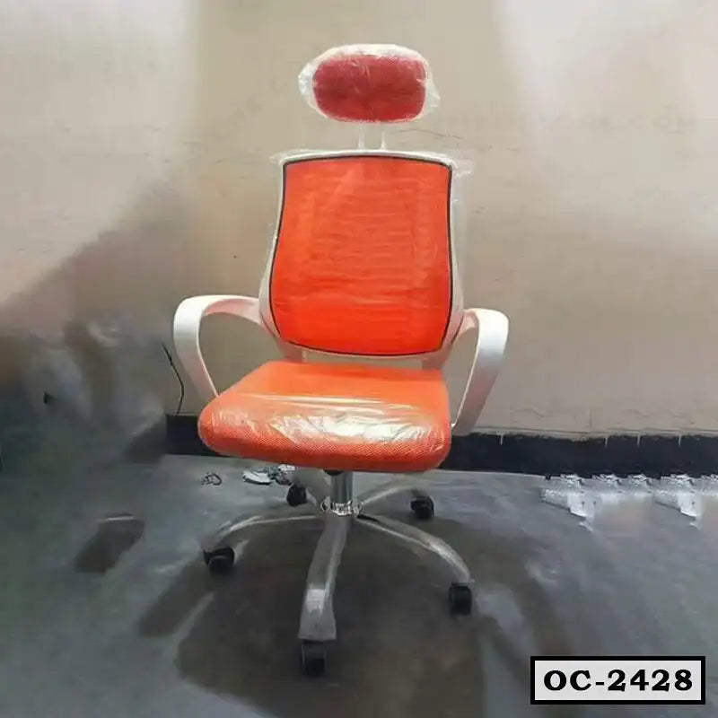 Modern ergonomic orange office chair with headrest and armrests on caster wheels