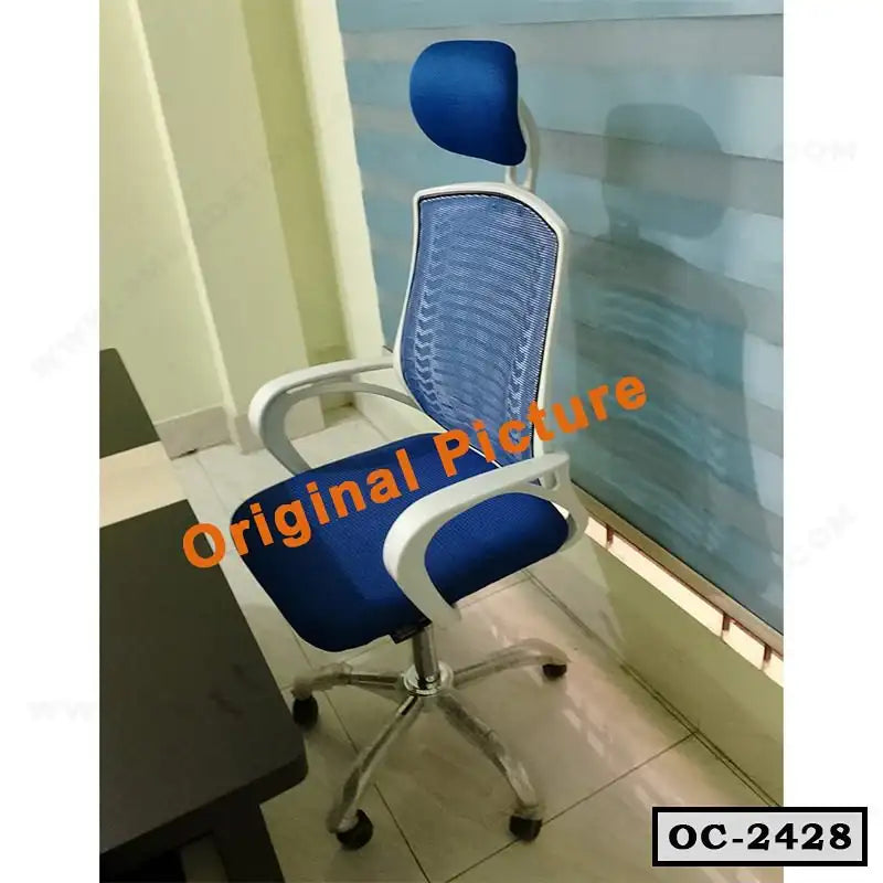 Blue ergonomic office chair with headrest, mesh back, and armrests on caster wheels