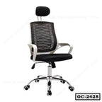 Ergonomic black mesh office chair with headrest, armrests, and chrome base on wheels