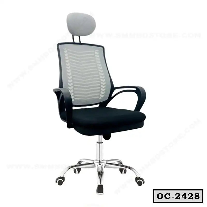 Ergonomic mesh office chair with adjustable headrest, armrests, and chrome base on castors