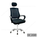 Black ergonomic office chair with mesh back, headrest, and chrome base on wheels