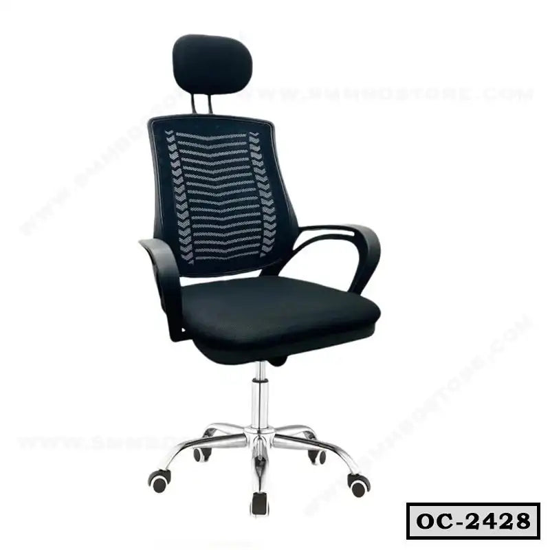 Black ergonomic office chair with mesh back, headrest, and chrome base on wheels