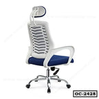 Ergonomic office chair with blue seat cushion, white mesh back, headrest, and chrome base