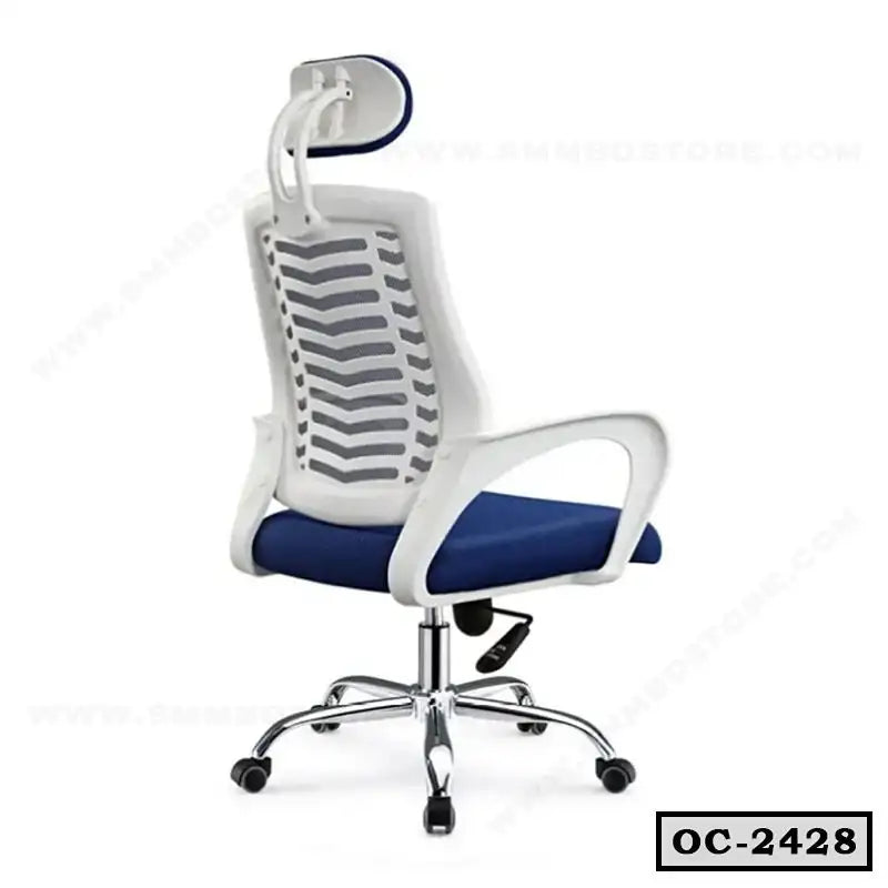 Ergonomic office chair with blue seat cushion, white mesh back, headrest, and chrome base