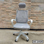 Modern ergonomic office chair with mesh back, headrest, and armrests on wheels