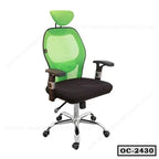 Ergonomic office chair with green mesh back, headrest, black seat, adjustable armrests, and wheels