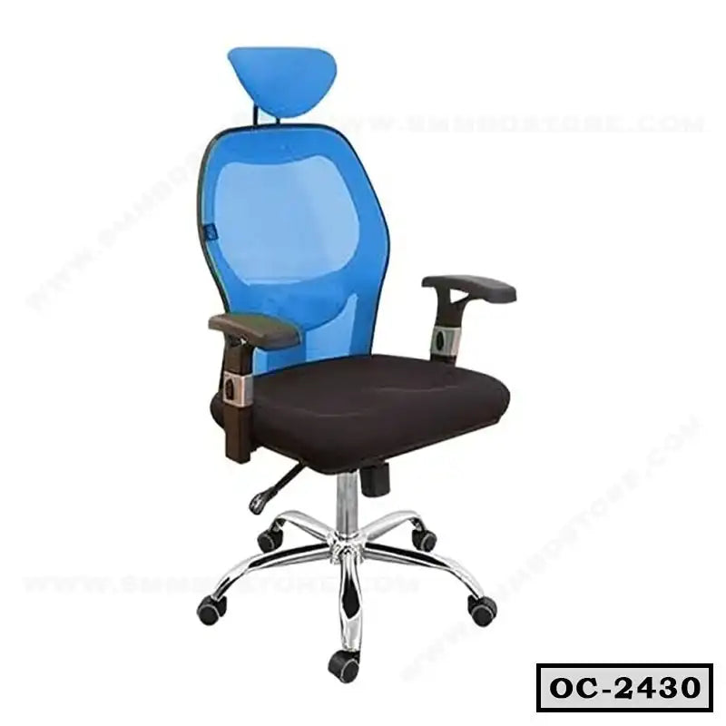 Ergonomic office chair with blue mesh back, headrest, black seat, armrests, and wheels