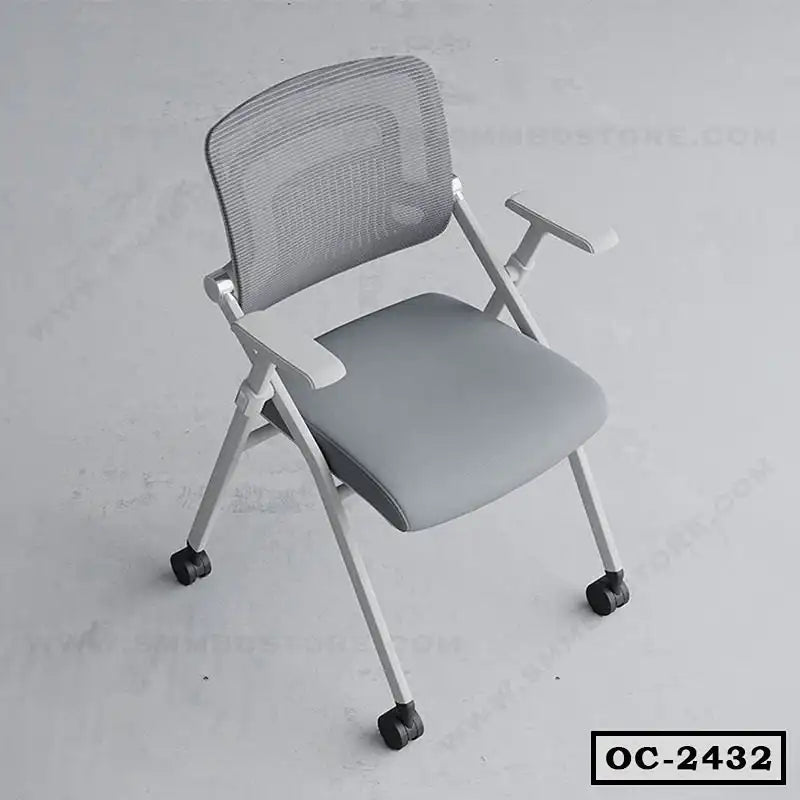 Modern grey office chair with mesh back, armrests, and wheels on a light background Main image