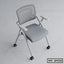 Modern grey office chair with mesh back, armrests, and wheels on a light background