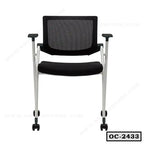 Modern black mesh office chair with armrests and wheels, ergonomic seating design
